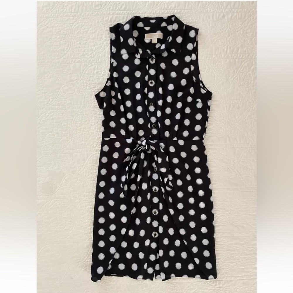 Sleeveless Black Polka Dot Shirt Dress with Tie Waist